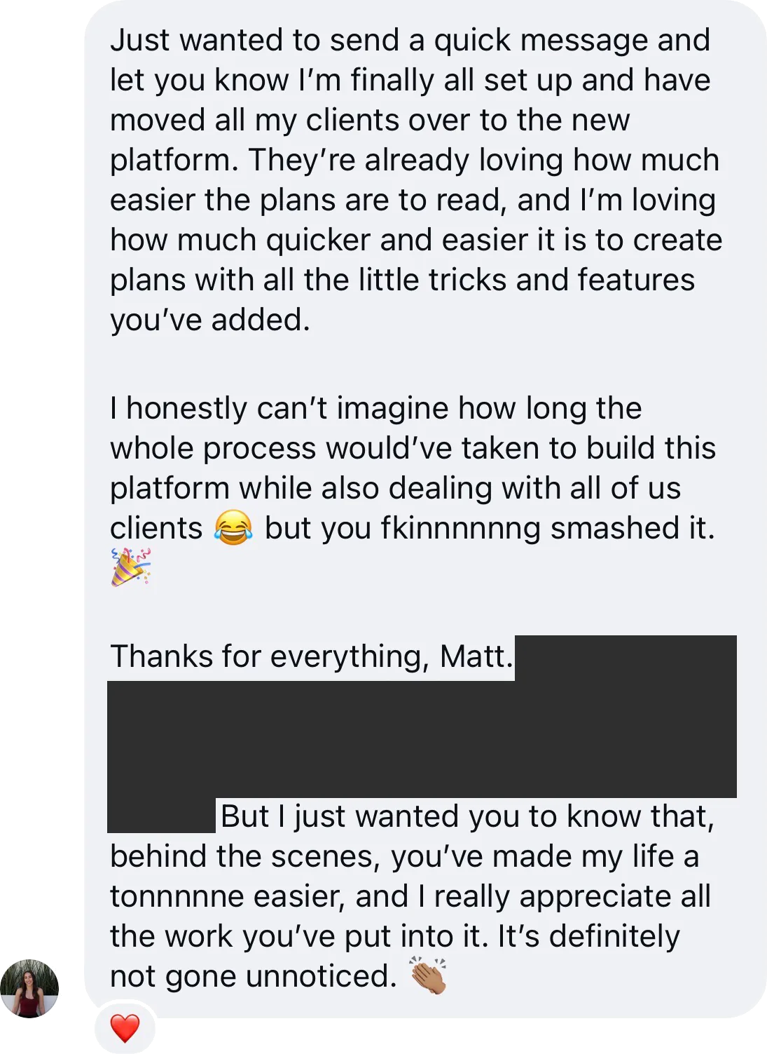 Coach DM: Moved all my clients over, they love the plans. You smashed it, made my life a tonne easier