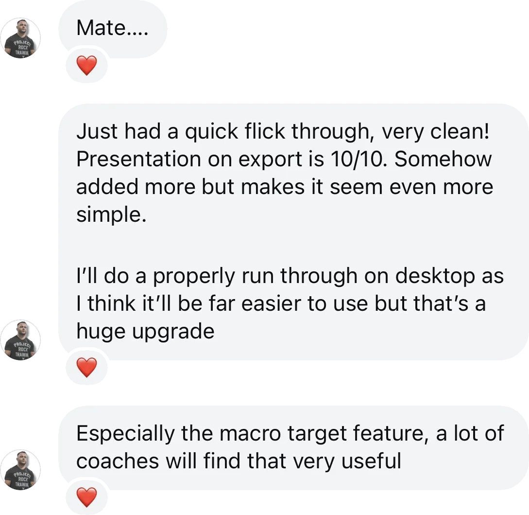 Coach DM: Presentation on export is 10/10. The macro target feature, a lot of coaches will find that very useful